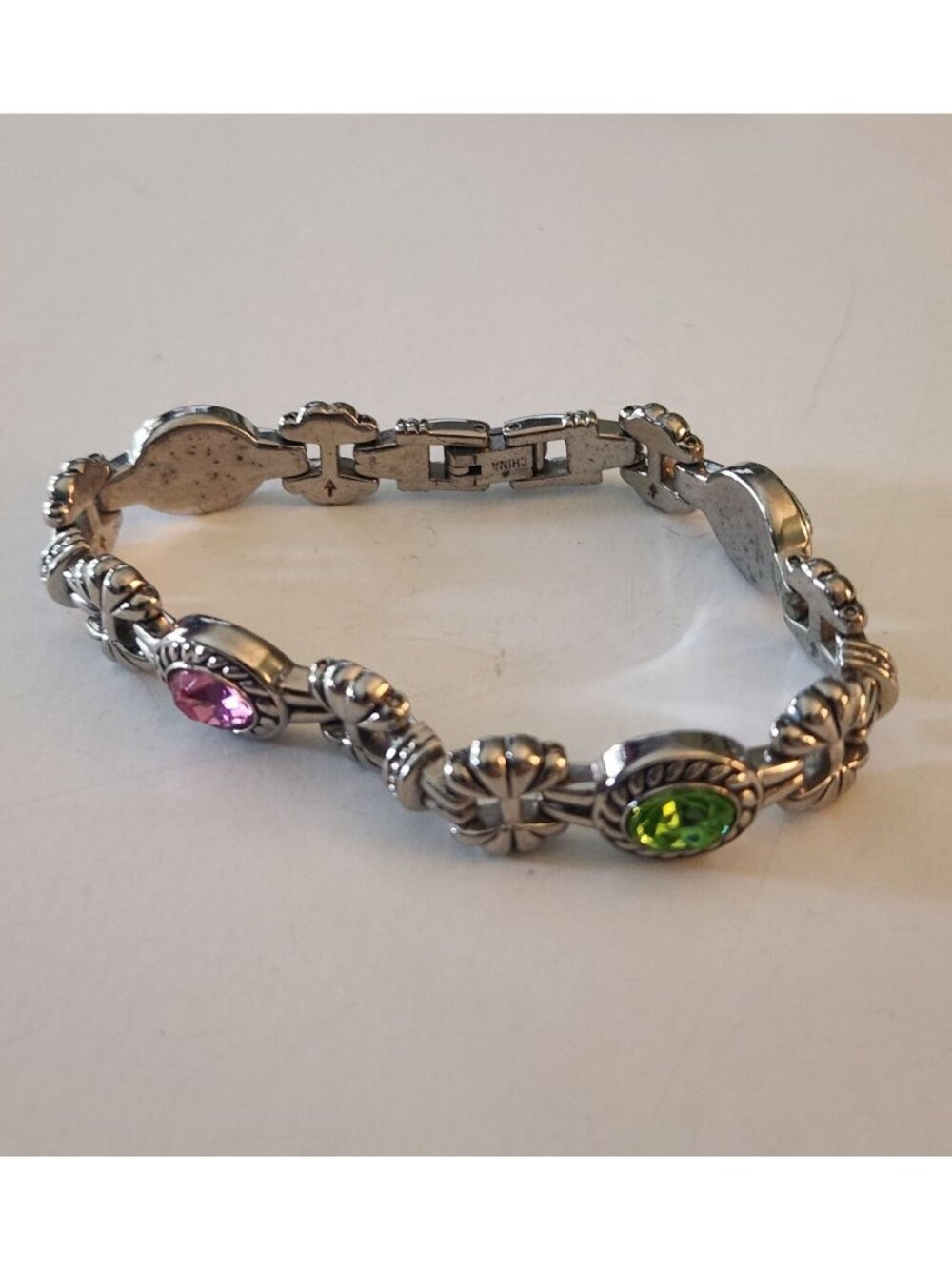 silver tone 7" bracelet pink, green